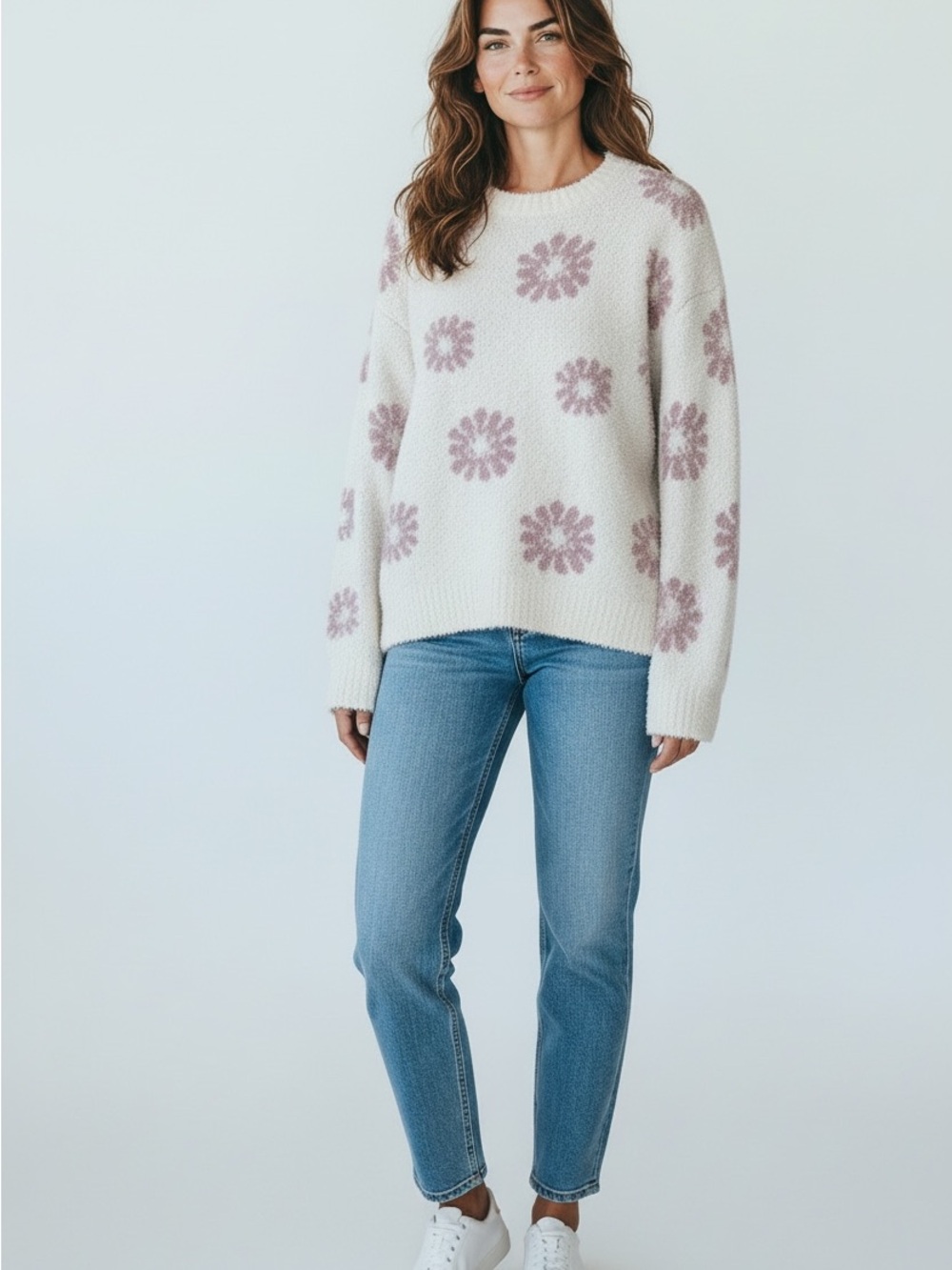 Altar’d State Cream Pink Floral Daisy Oversized Sweater S